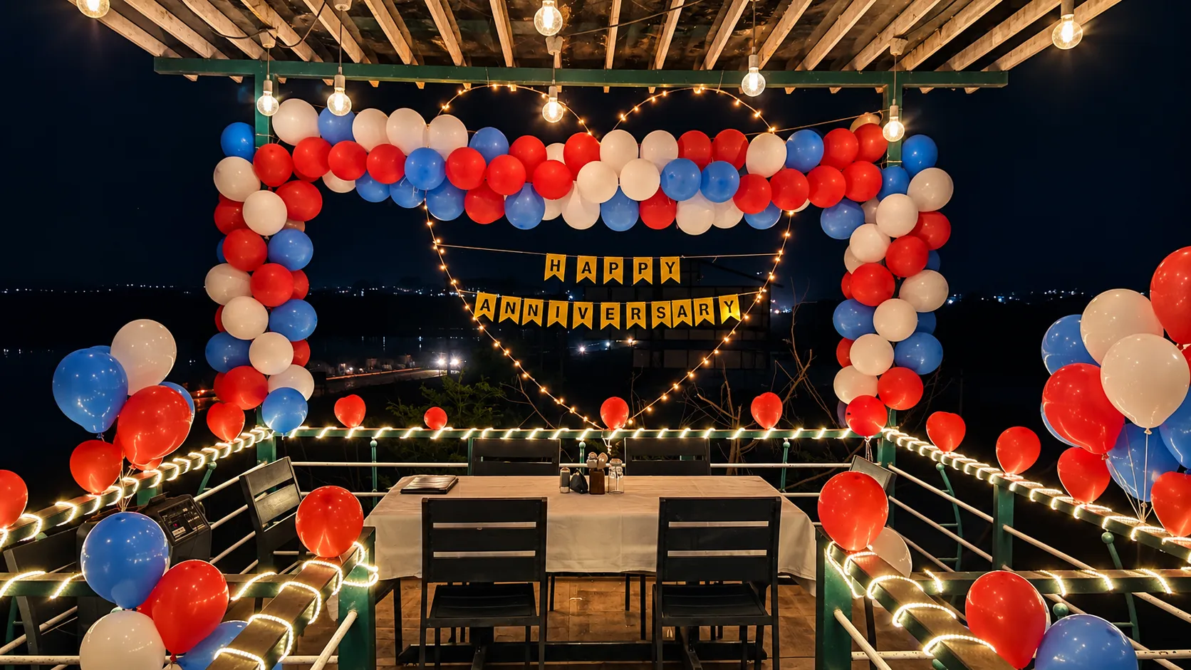 Special anniversary celebration venue with elegant evening decor at riverside