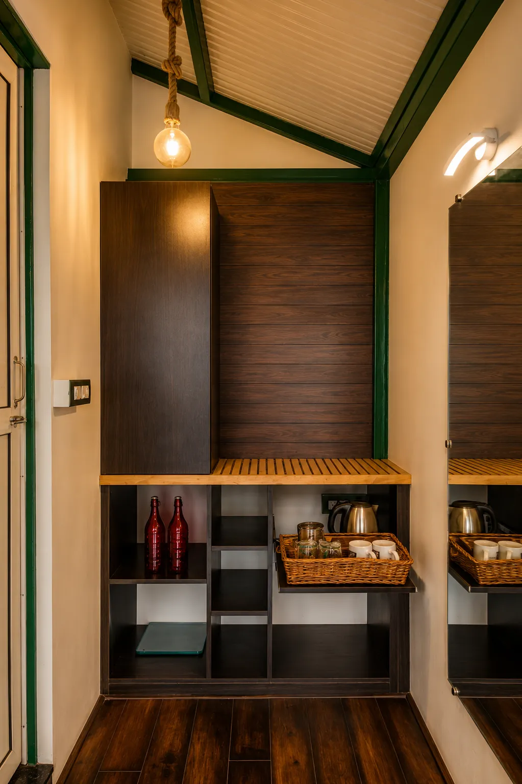 In-room tea and coffee station with storage space in super luxury cottage